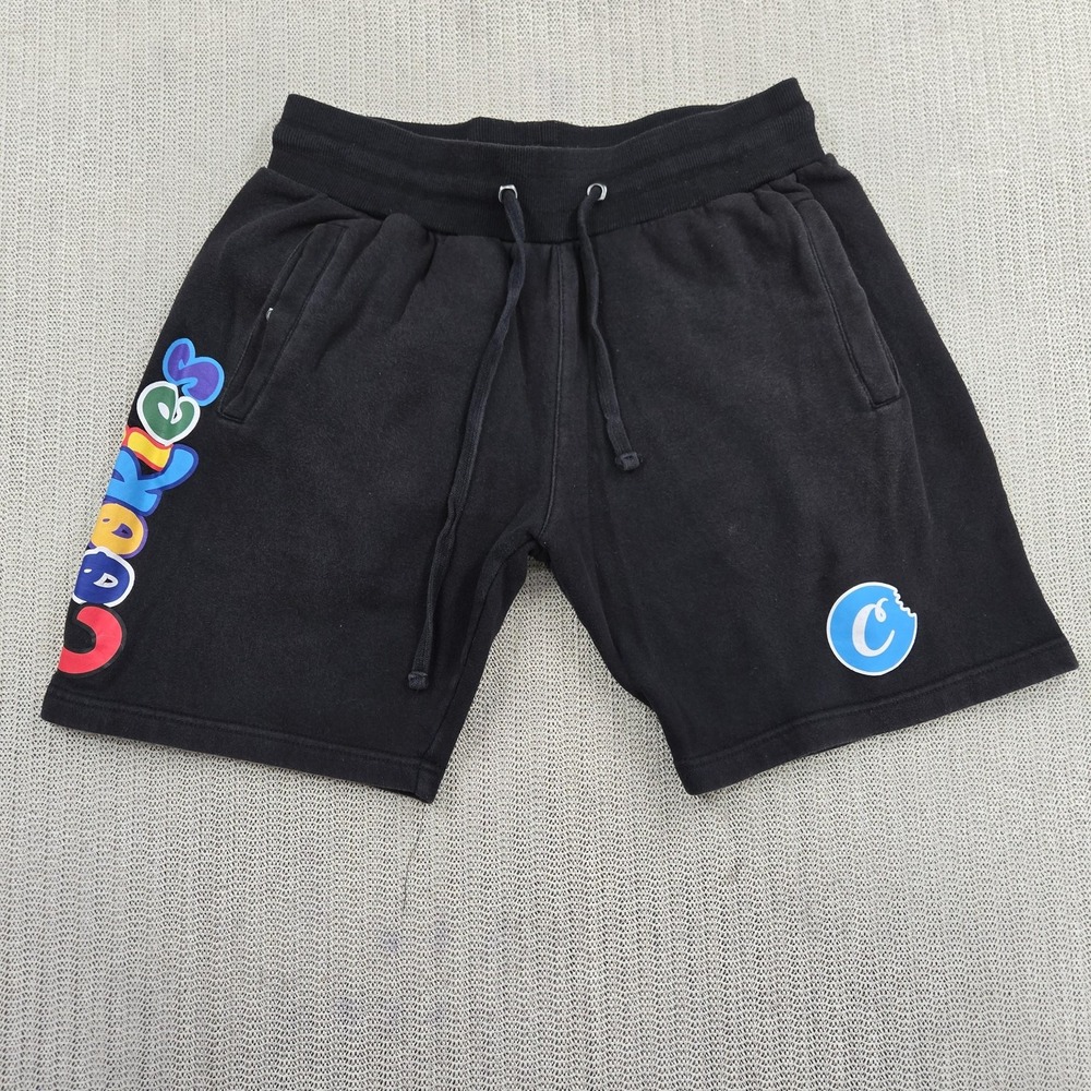 Cookies Shorts Mens Small Black Fleece Sweat Colorful Logo Drawstring Casual
